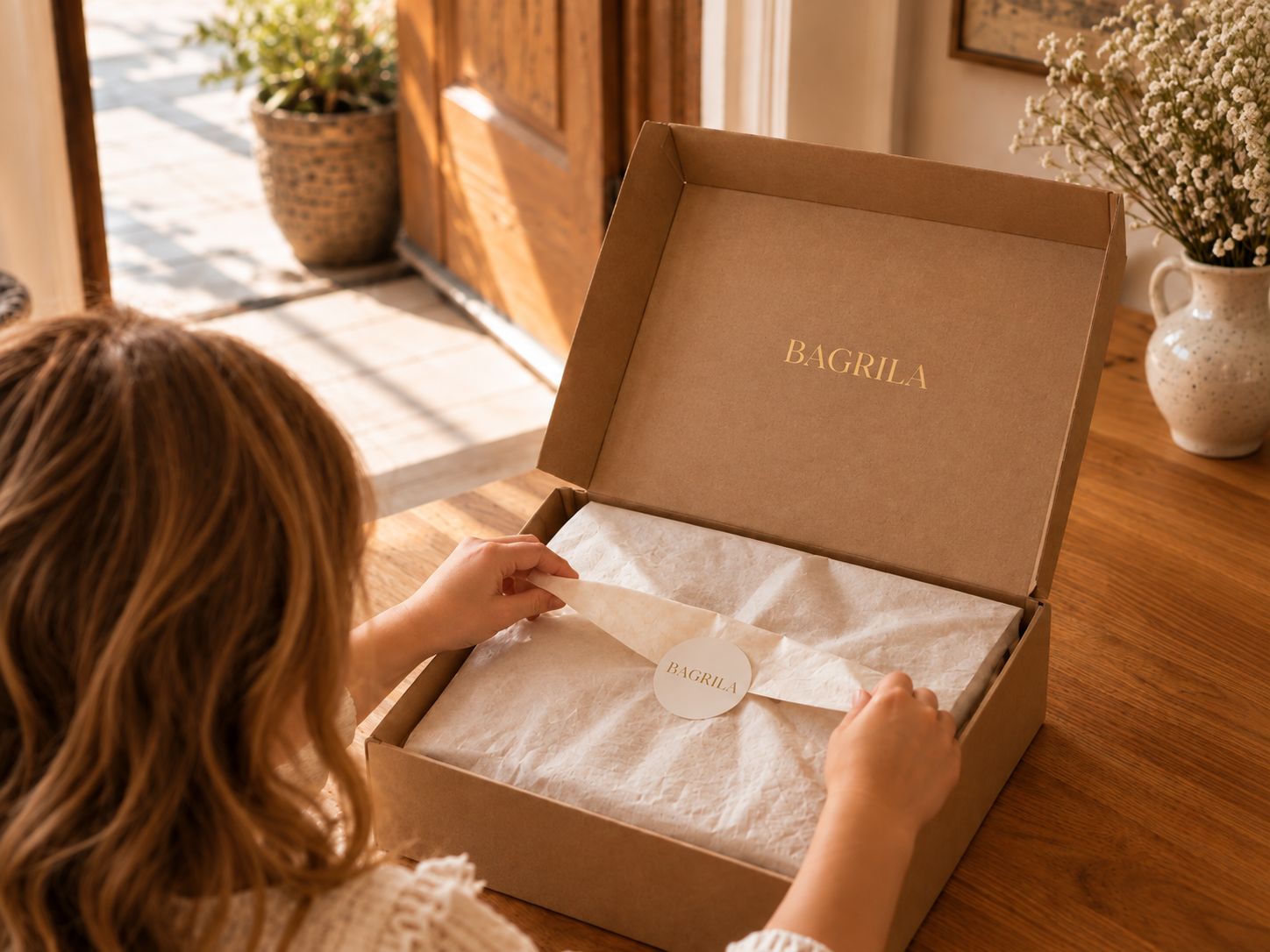 A customer unwrapping her BAGRILA album from its delivery box