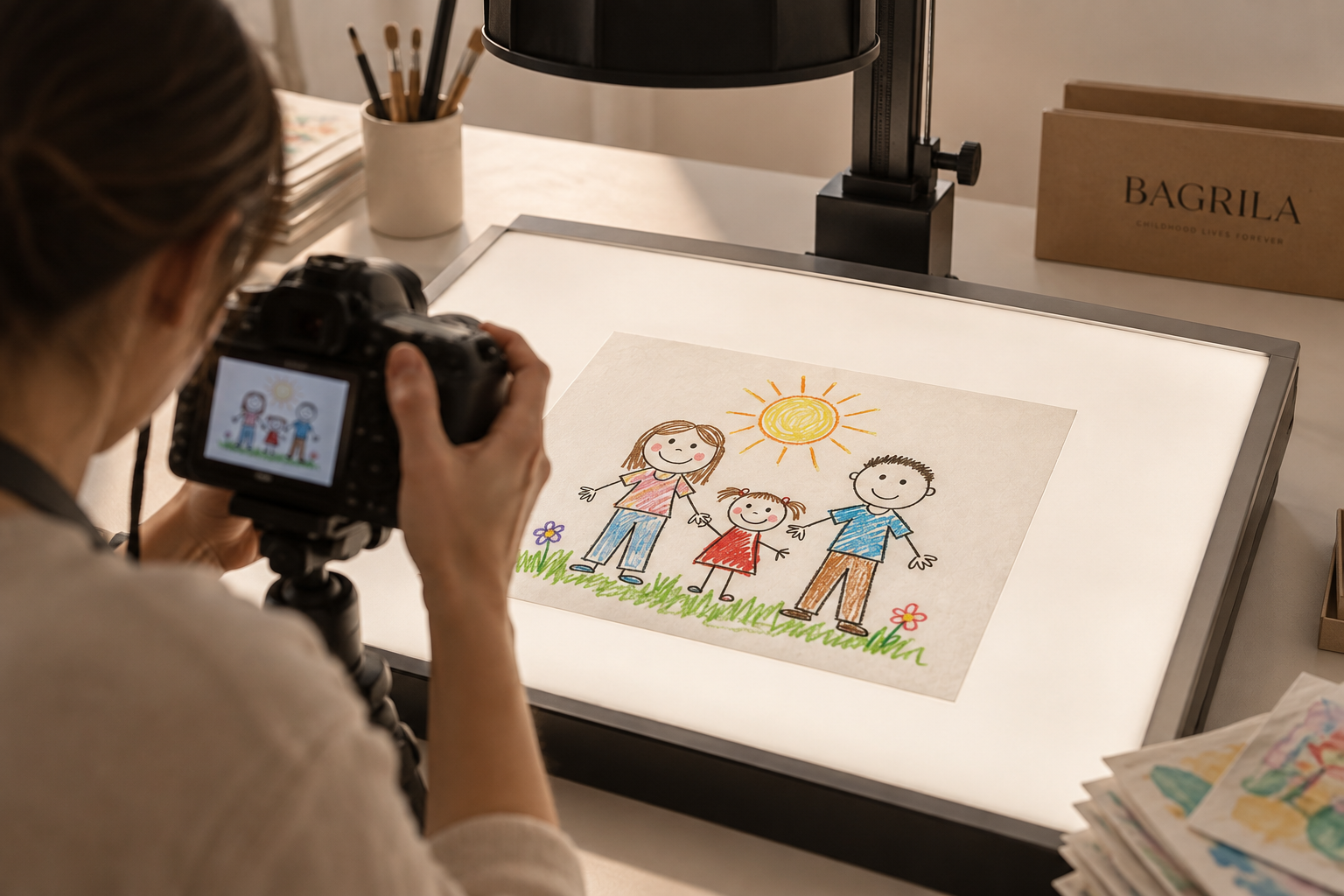A BAGRILA specialist carefully photographing a child's drawing