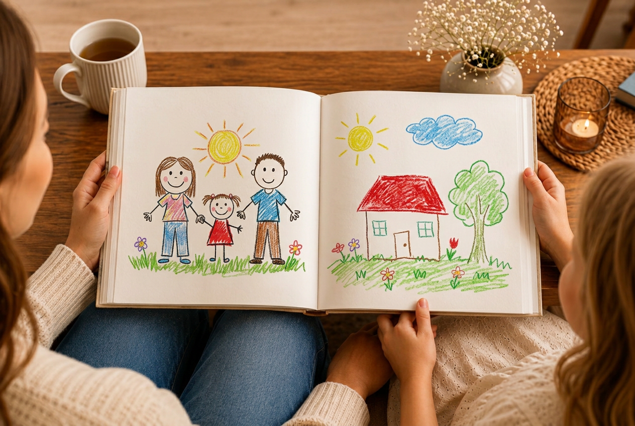 A parent and child looking through their finished artwork album together