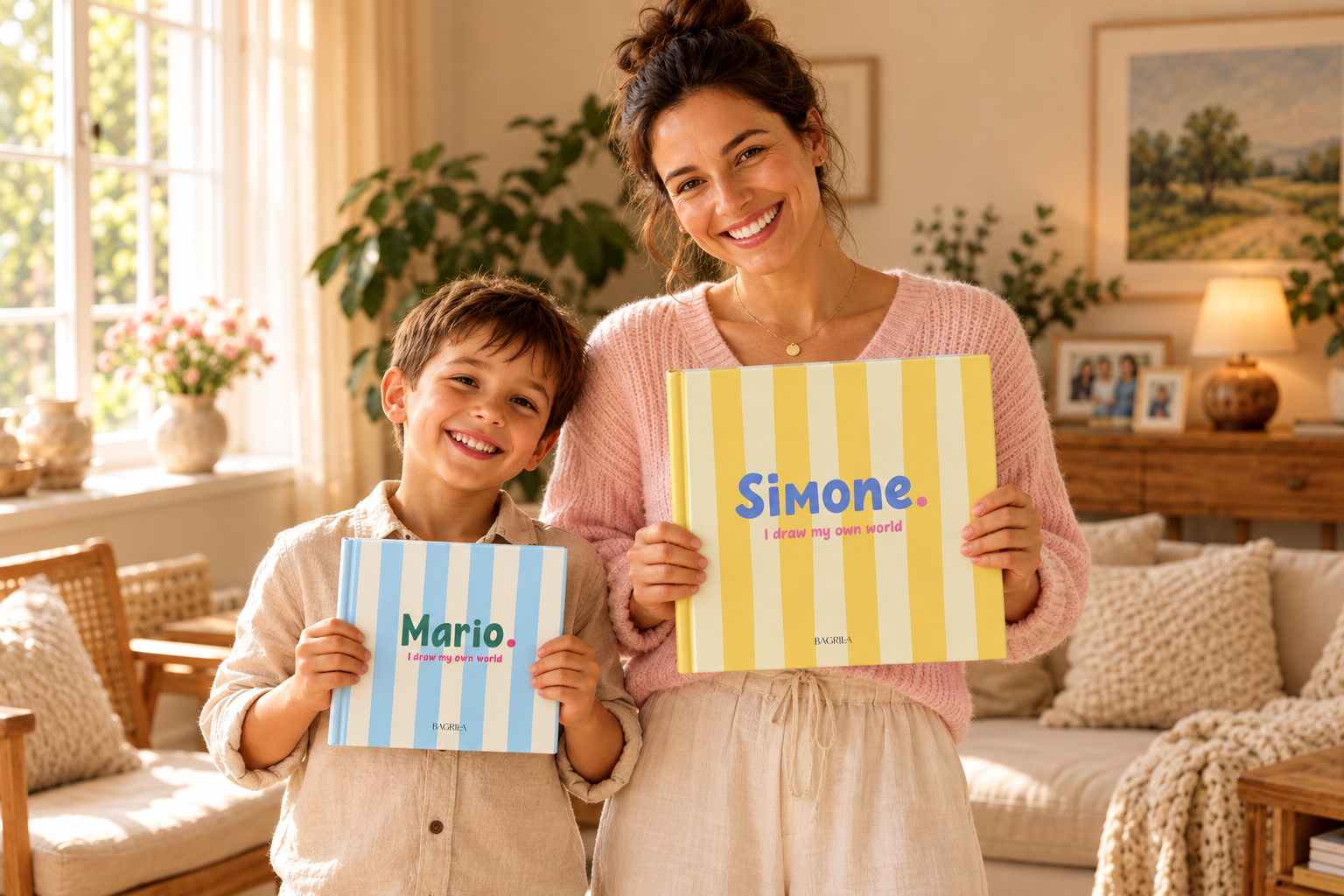 A mother and her son smiling as they hold two BAGRILA albums together, a small blue 20 × 20 cm album and a large yellow 30 × 30 cm album