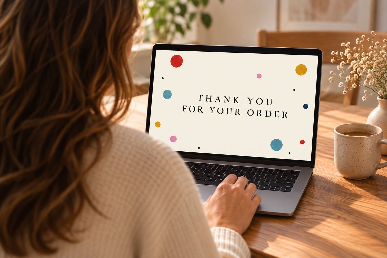 A customer viewing an order confirmation on her laptop