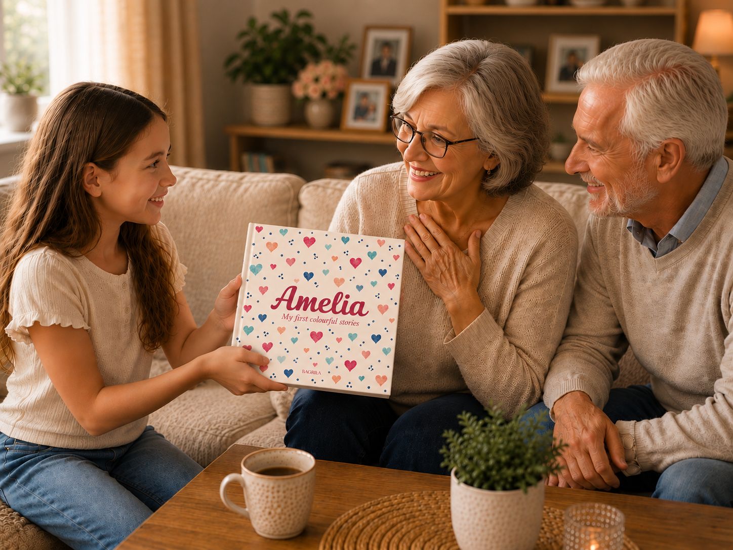 A girl giving her grandparents a BAGRILA album as a gift