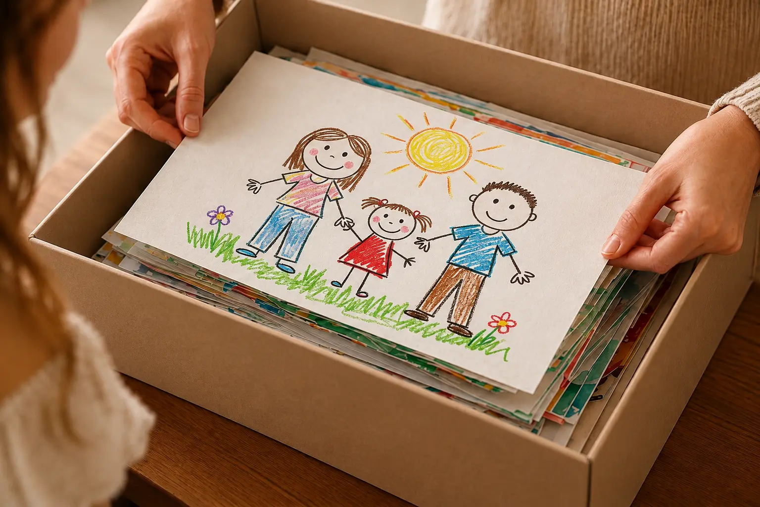 A child's family drawing being placed inside the collection box