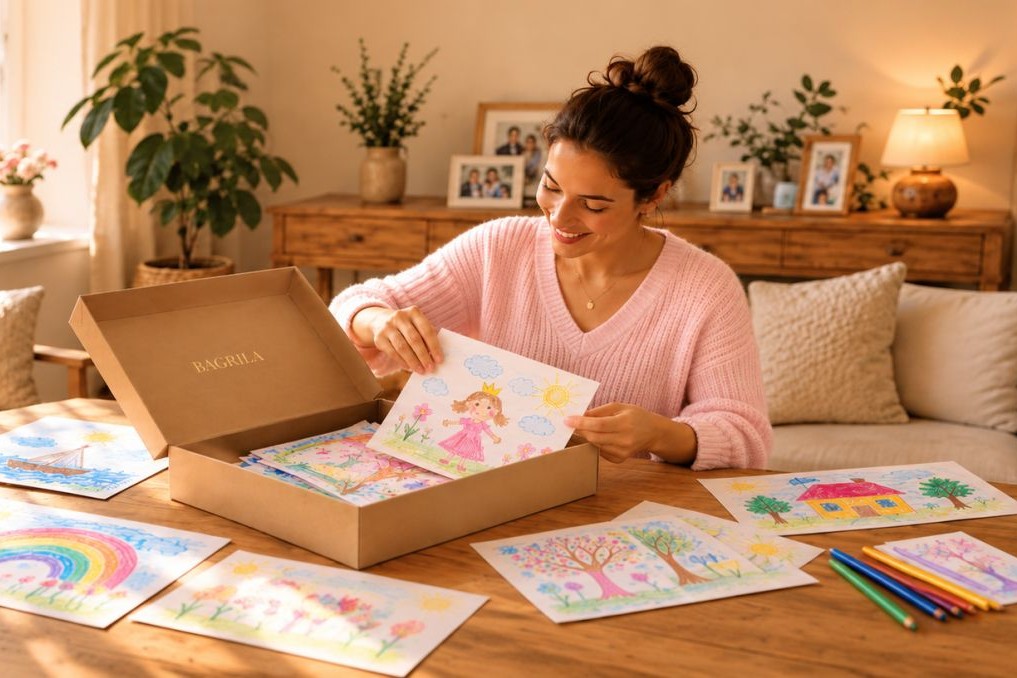 A mother sitting at a wooden table, placing her child's drawing into an open BAGRILA keepsake box surrounded by colourful children's paintings