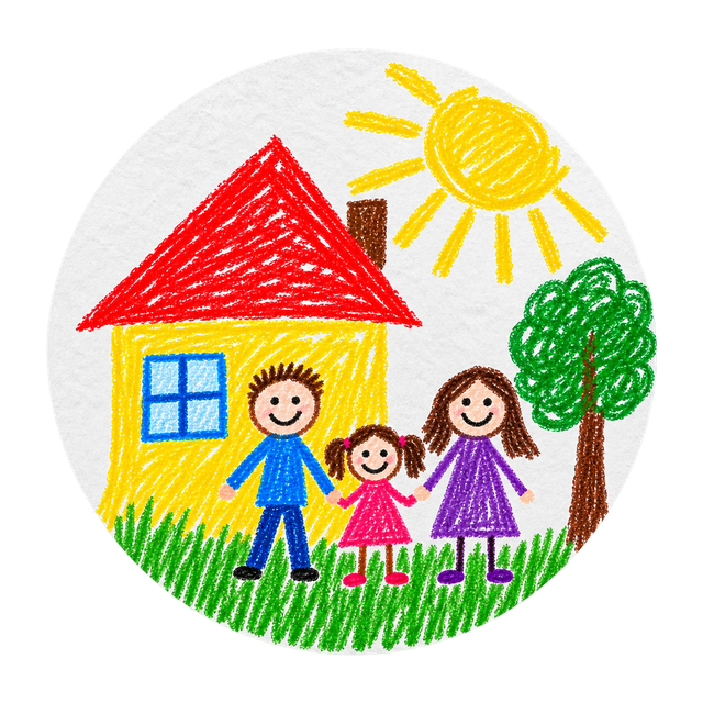 Child's crayon drawing of a family in front of a house